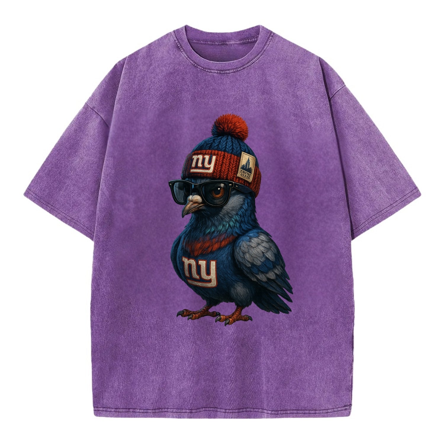 Manhattan Pigeon wearing Giants beanie with Empire State patch and wayfarer - Vintage T-shirt - Purple