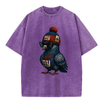 Manhattan Pigeon wearing Giants beanie with Empire State patch and wayfarer - Vintage T-shirt - Purple