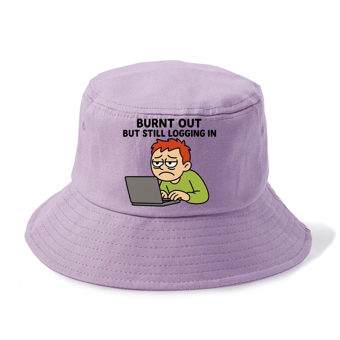 Burnt out person still typing - "Burnt out but still logging in" - hustle culture - Bucket Hat - Purple