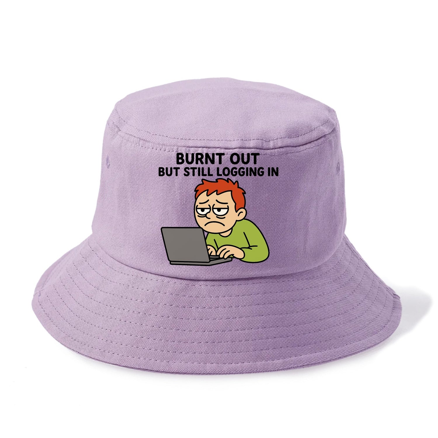 Burnt out person still typing - "Burnt out but still logging in" - hustle culture - Bucket Hat - Purple