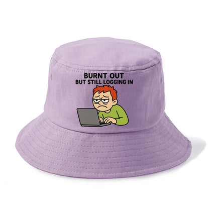 Burnt out person still typing - "Burnt out but still logging in" - hustle culture - Bucket Hat - Purple