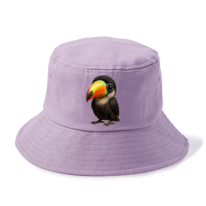 Baby Toucan - oversized colorful beak, black feathers, bright eyes, front-facing, - Bucket Hat - Purple