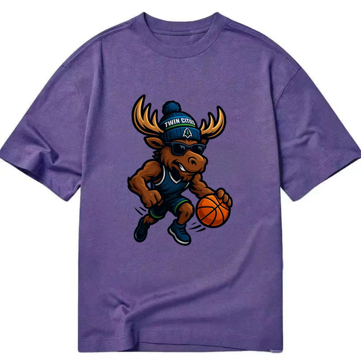 Twin Cities Moose wearing Timberwolves beanie with pine tree patch and wayfarer - Classic T-shirt - Purple