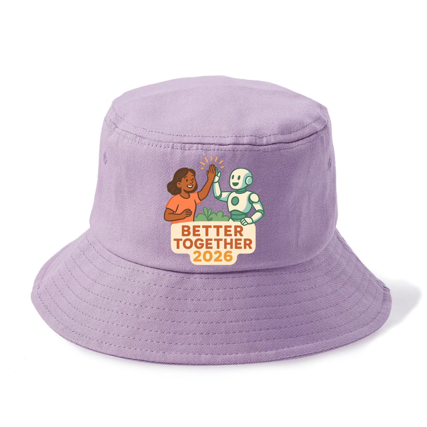 Human and AI robot high-fiving as collaborative partners - "Better Together 2026" - - Bucket Hat - Purple