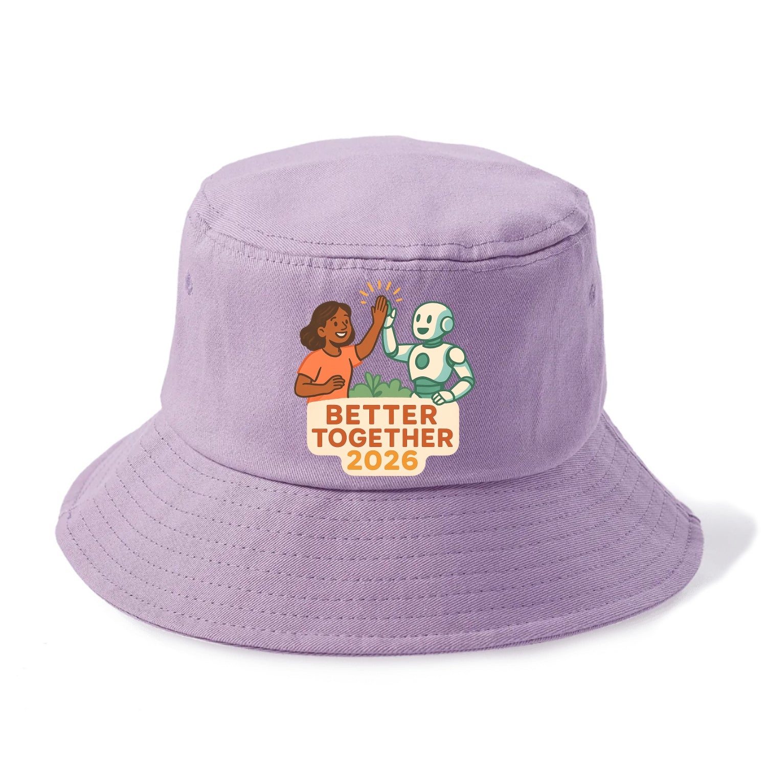 Human and AI robot high-fiving as collaborative partners - "Better Together 2026" - - Bucket Hat - Purple