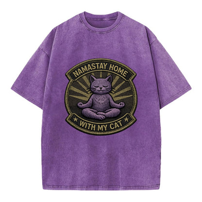 NAMASTAY HOME WITH MY CAT - yoga cat in purple , introvert cat - Vintage T-shirt - Purple