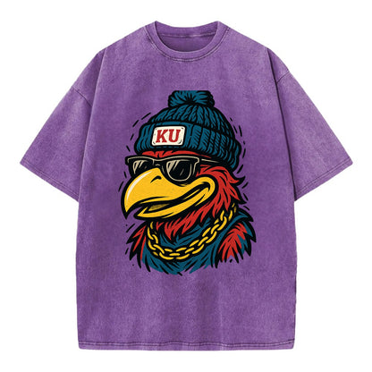Lawrence Jayhawk wearing Kansas beanie with KU patch - Vintage T-shirt - Purple