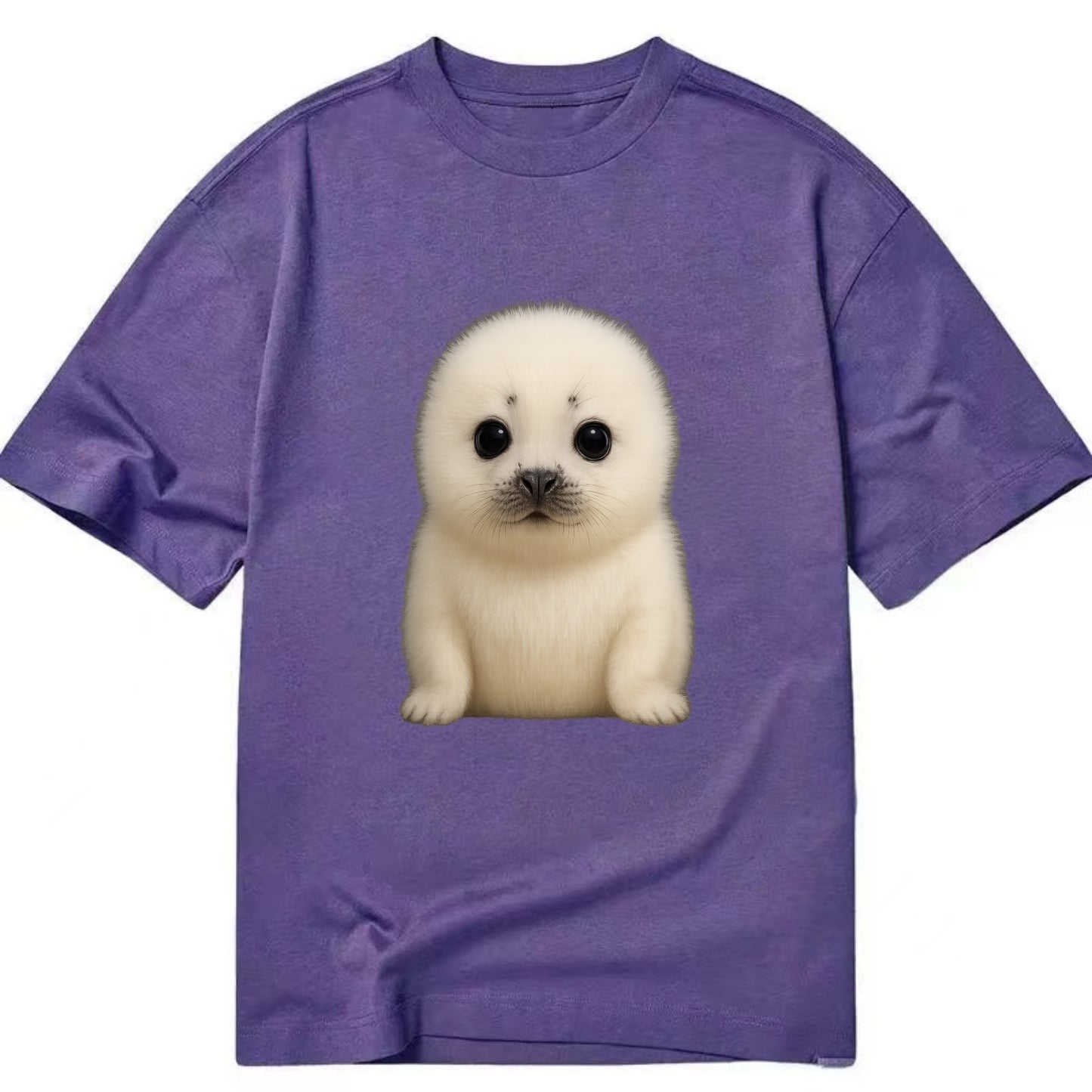 Baby Harp Seal - pure white fluffy fur, enormous dark eyes, front-facing, iconic - Classic T-shirt - Purple