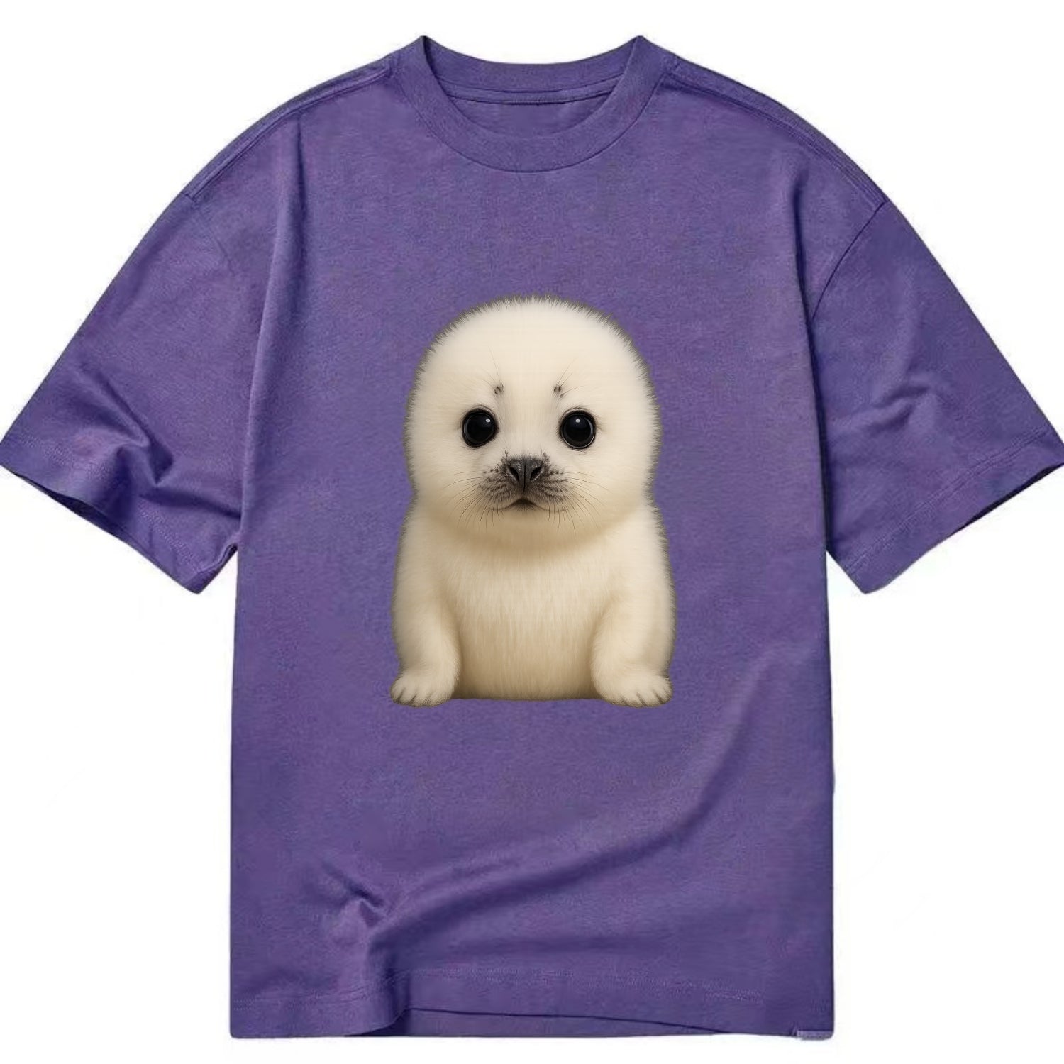 Baby Harp Seal - pure white fluffy fur, enormous dark eyes, front-facing, iconic - Classic T-shirt - Purple