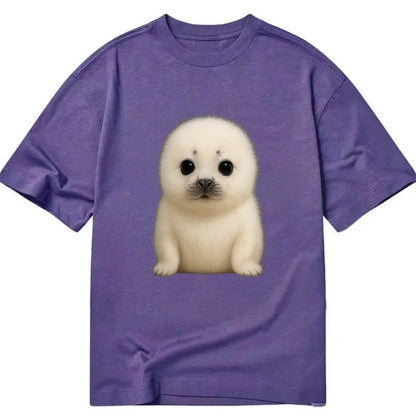 Baby Harp Seal - pure white fluffy fur, enormous dark eyes, front-facing, iconic - Classic T-shirt - Purple