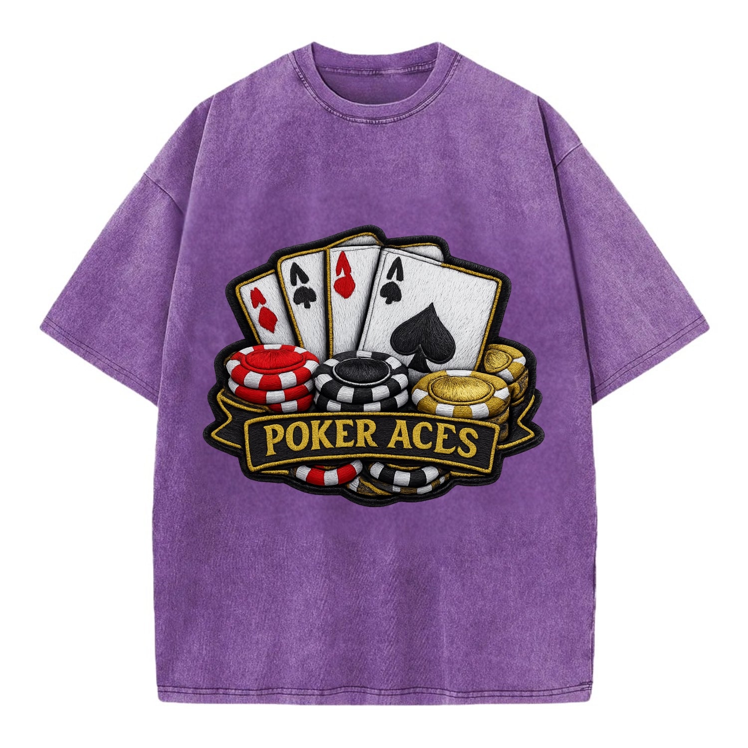Embroidered patch design - POKER ACES - four aces with chips in red, black and - Vintage T-shirt - Purple