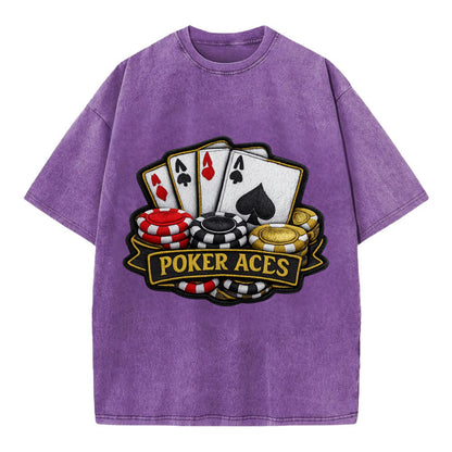 Embroidered patch design - POKER ACES - four aces with chips in red, black and - Vintage T-shirt - Purple