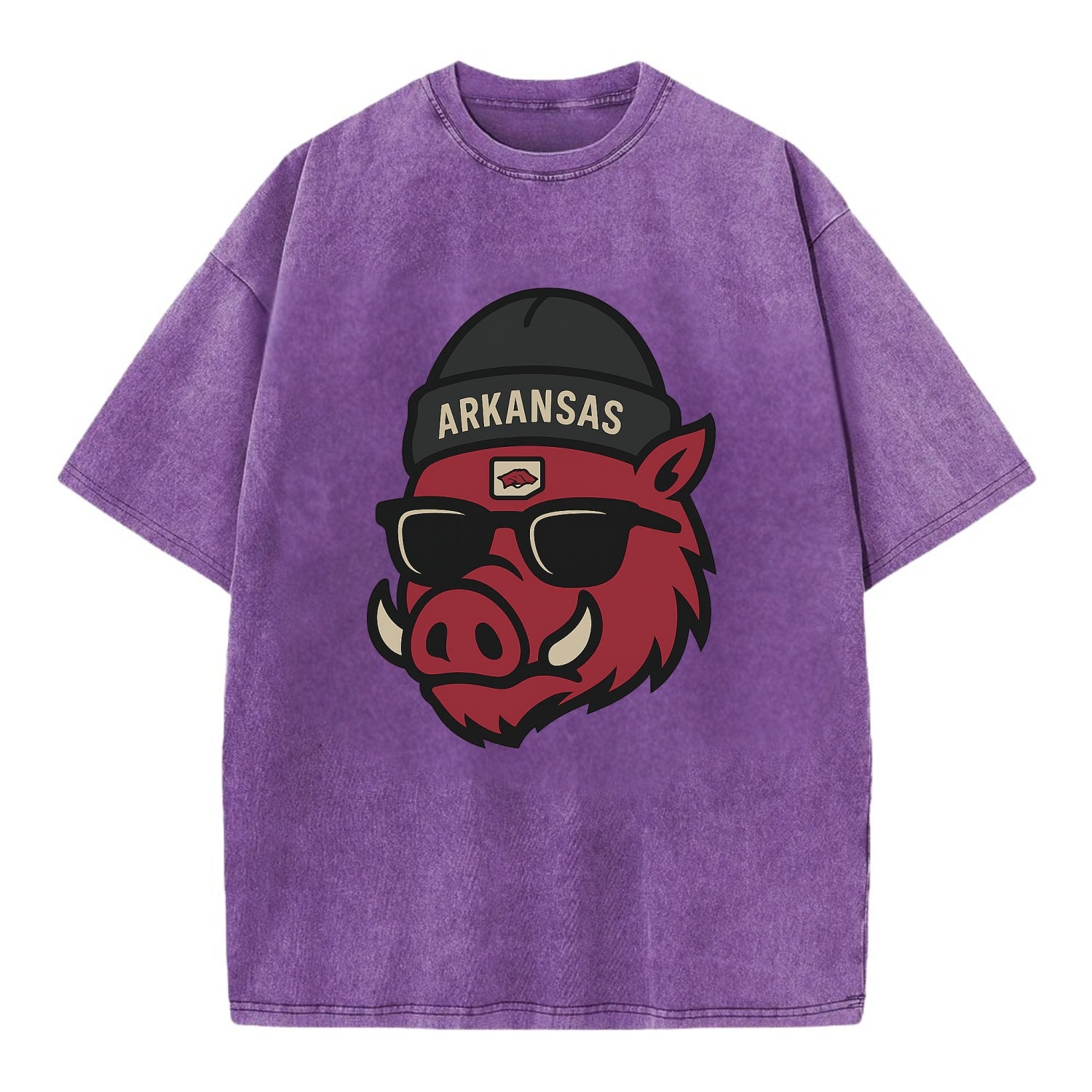 Fayetteville Razorback wearing Arkansas beanie with hog patch - Vintage T-shirt - Purple