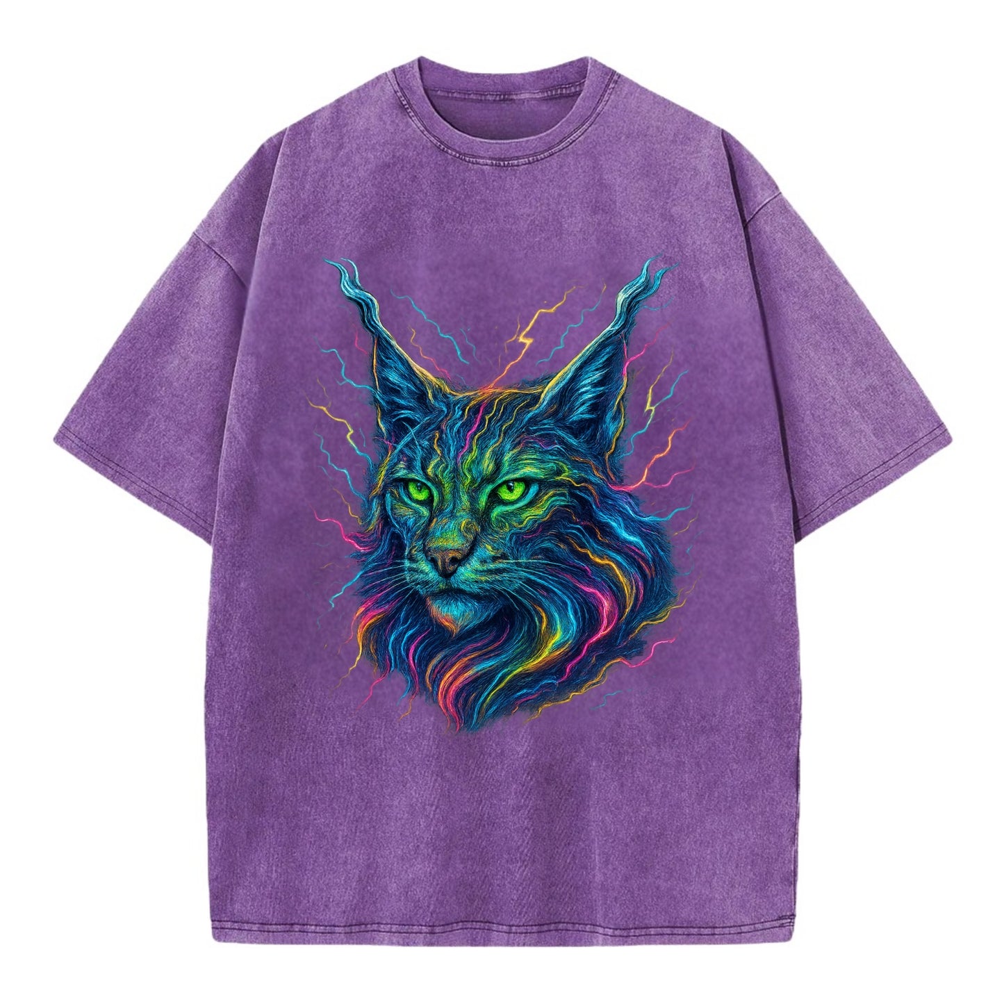 Wild lynx with ear tufts transforming into liquid mercury flows, silver and gold - Vintage T-shirt - Purple