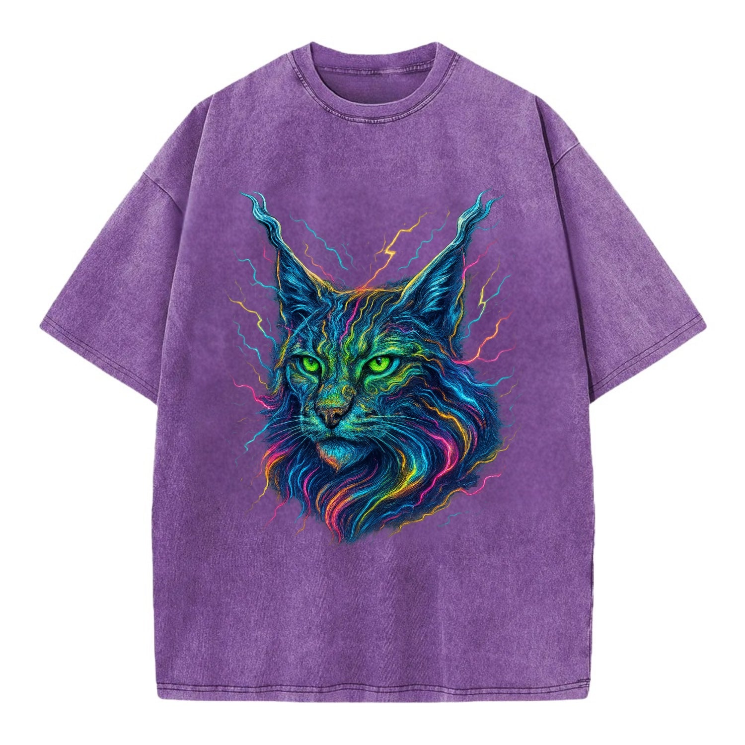 Wild lynx with ear tufts transforming into liquid mercury flows, silver and gold - Vintage T-shirt - Purple
