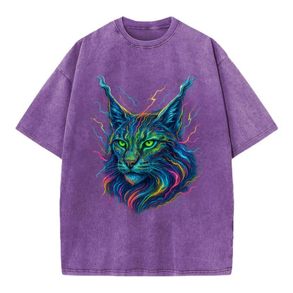 Wild lynx with ear tufts transforming into liquid mercury flows, silver and gold - Vintage T-shirt - Purple