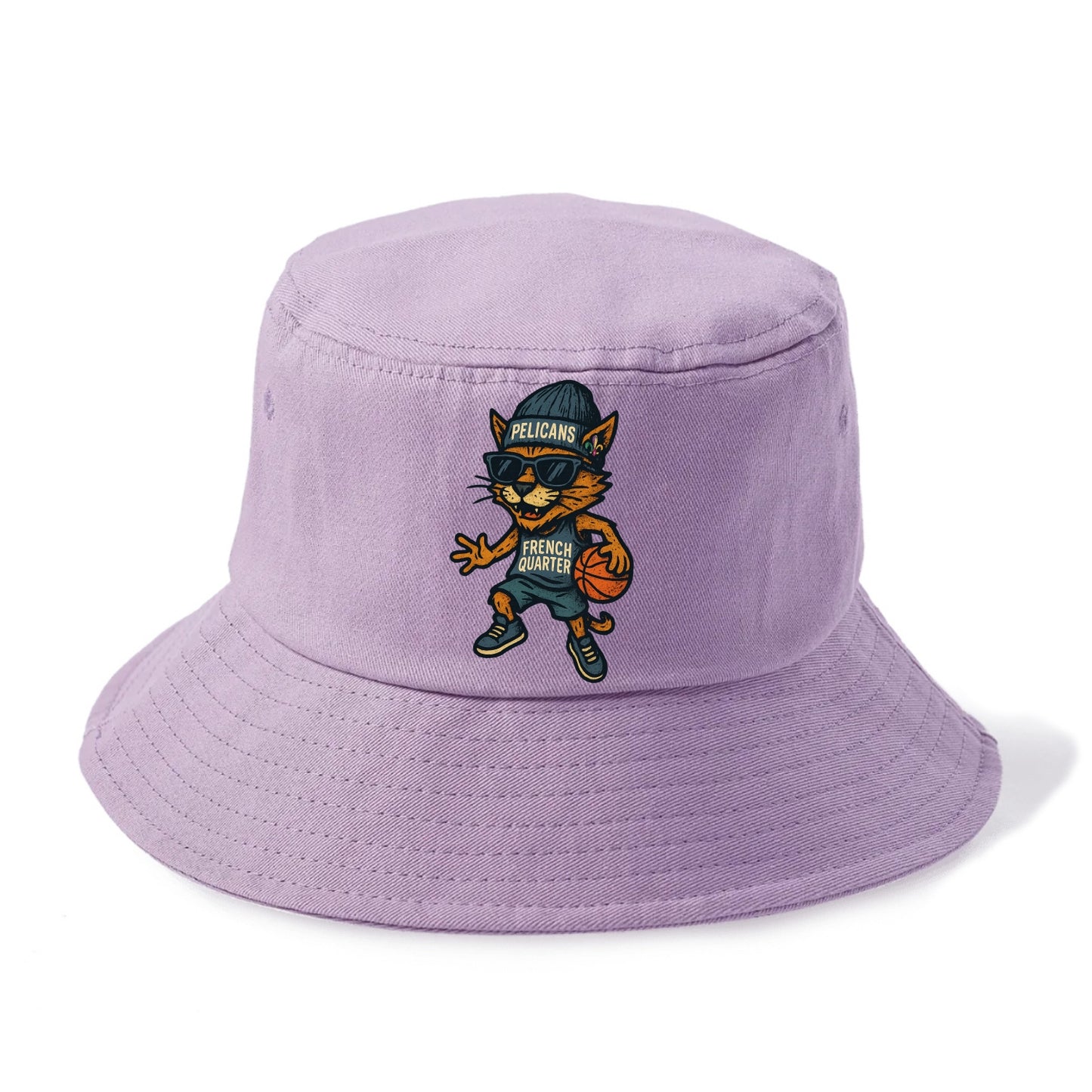 French Quarter Cat wearing Pelicans beanie with Mardi Gras patch and wayfarer - Bucket Hat - Purple