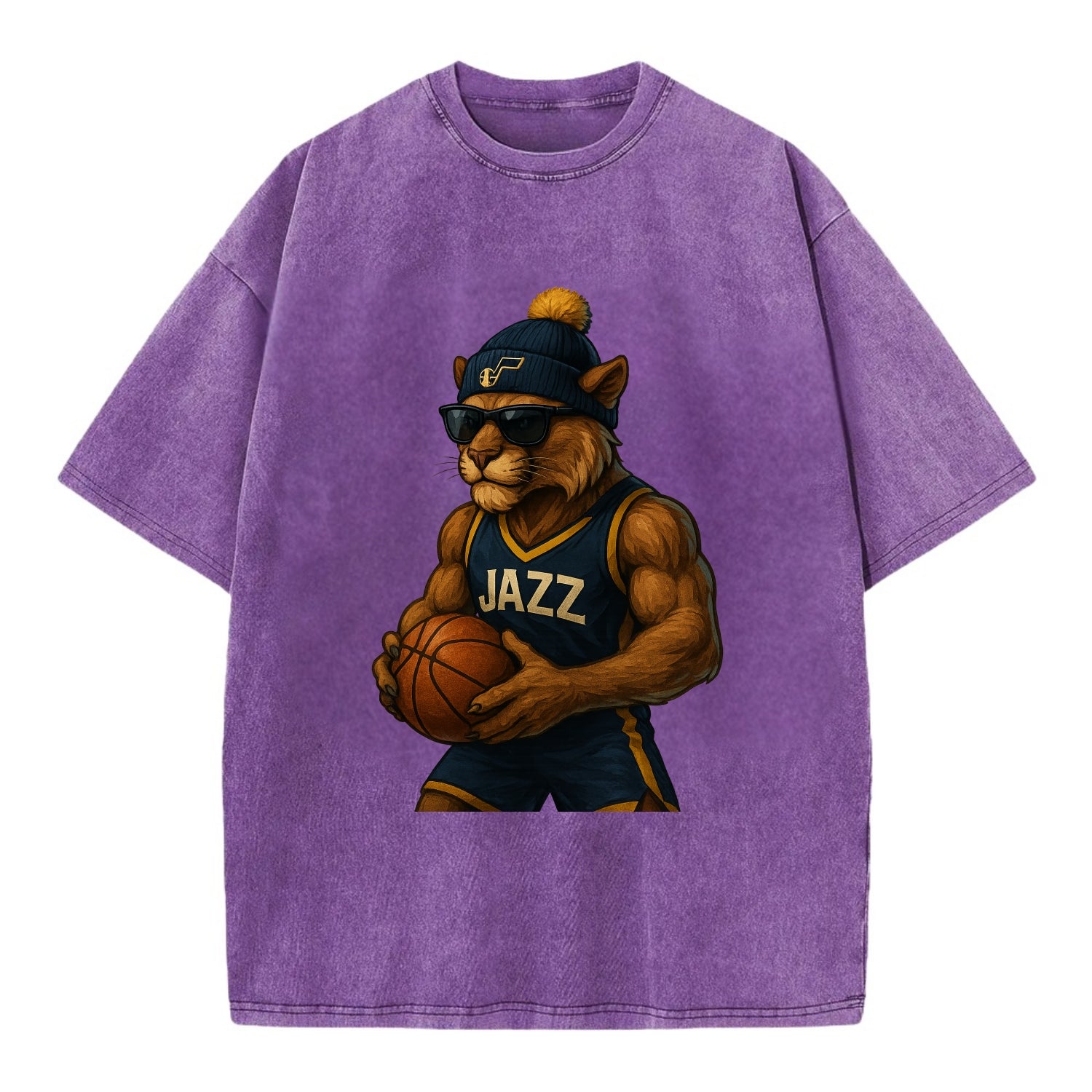 Utah Mountain Lion wearing Jazz navy and yellow beanie with music note and - Vintage T-shirt - Purple
