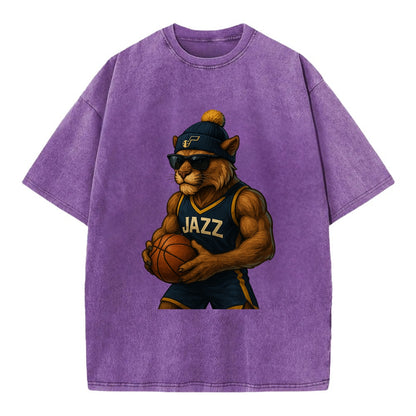 Utah Mountain Lion wearing Jazz navy and yellow beanie with music note and - Vintage T-shirt - Purple