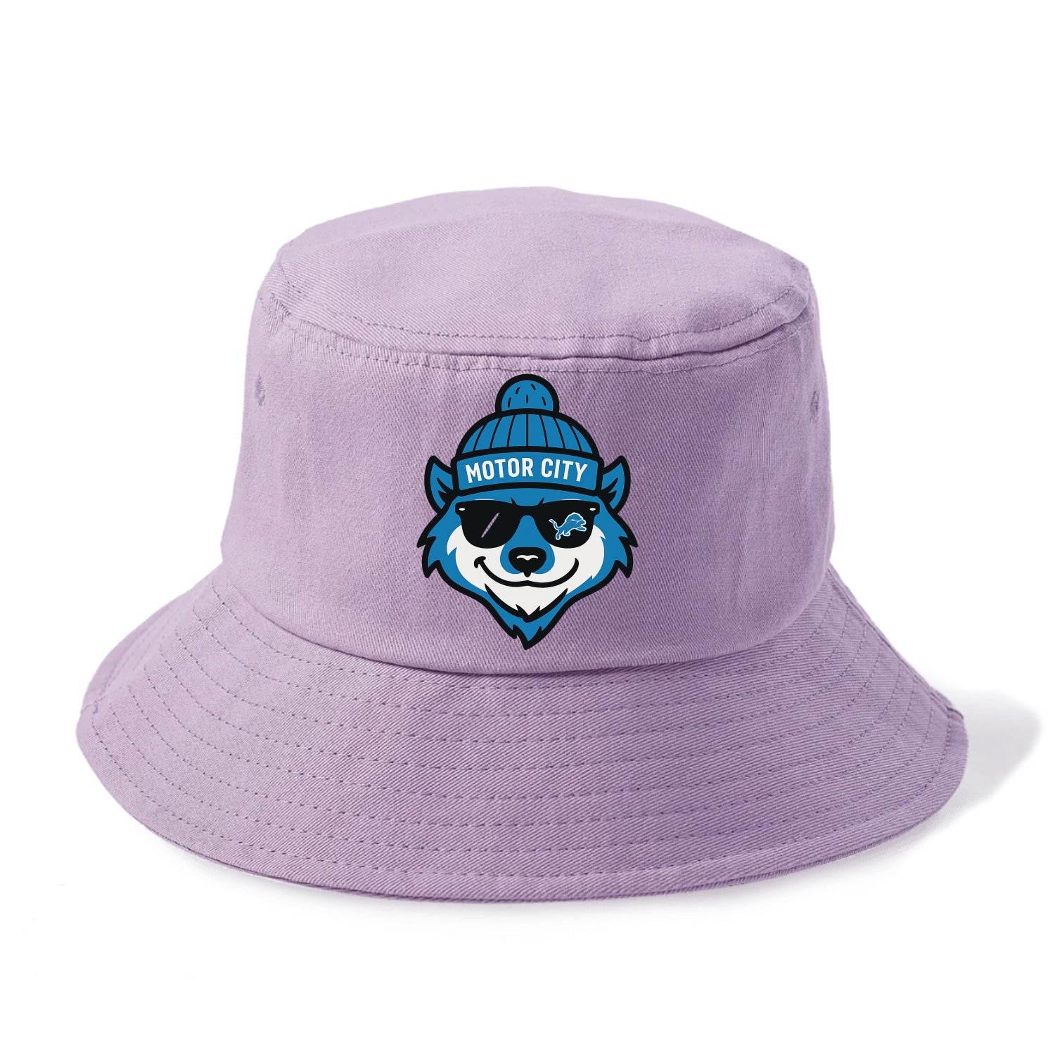 Motor City Wolverine wearing Lions beanie with gear patch and wayfarer sunglasses - Bucket Hat - Purple