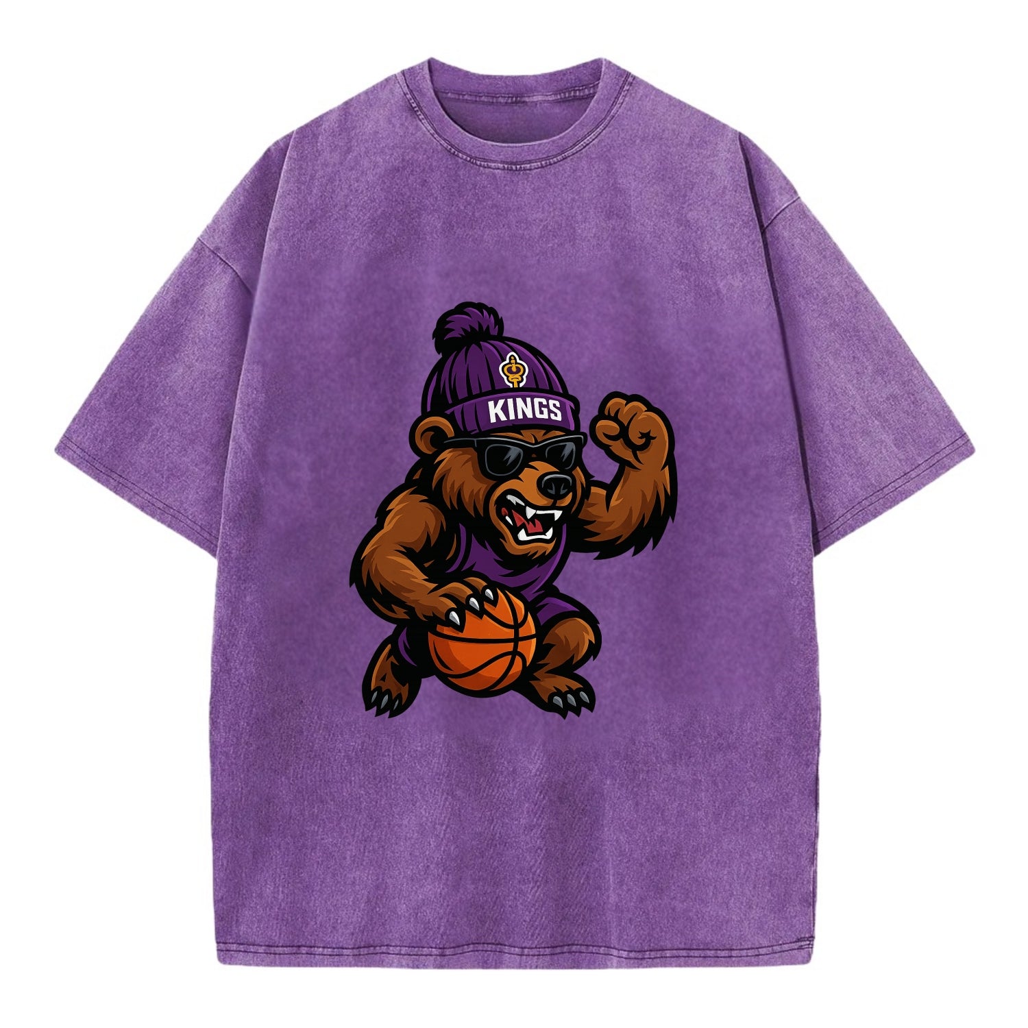 California Grizzly wearing Kings beanie with royal scepter patch and wayfarer - Vintage T-shirt - Purple