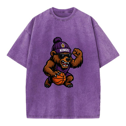 California Grizzly wearing Kings beanie with royal scepter patch and wayfarer - Vintage T-shirt - Purple