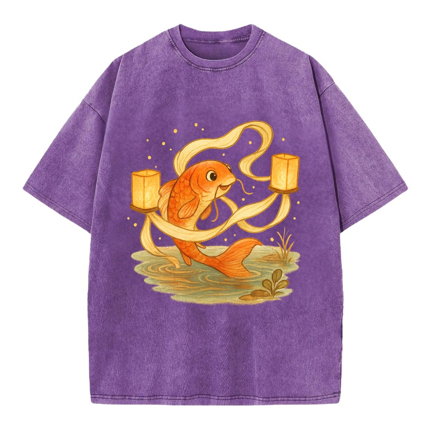 Koi weaving silk streamers through floating lanterns on tranquil water - Vintage T-shirt - Purple