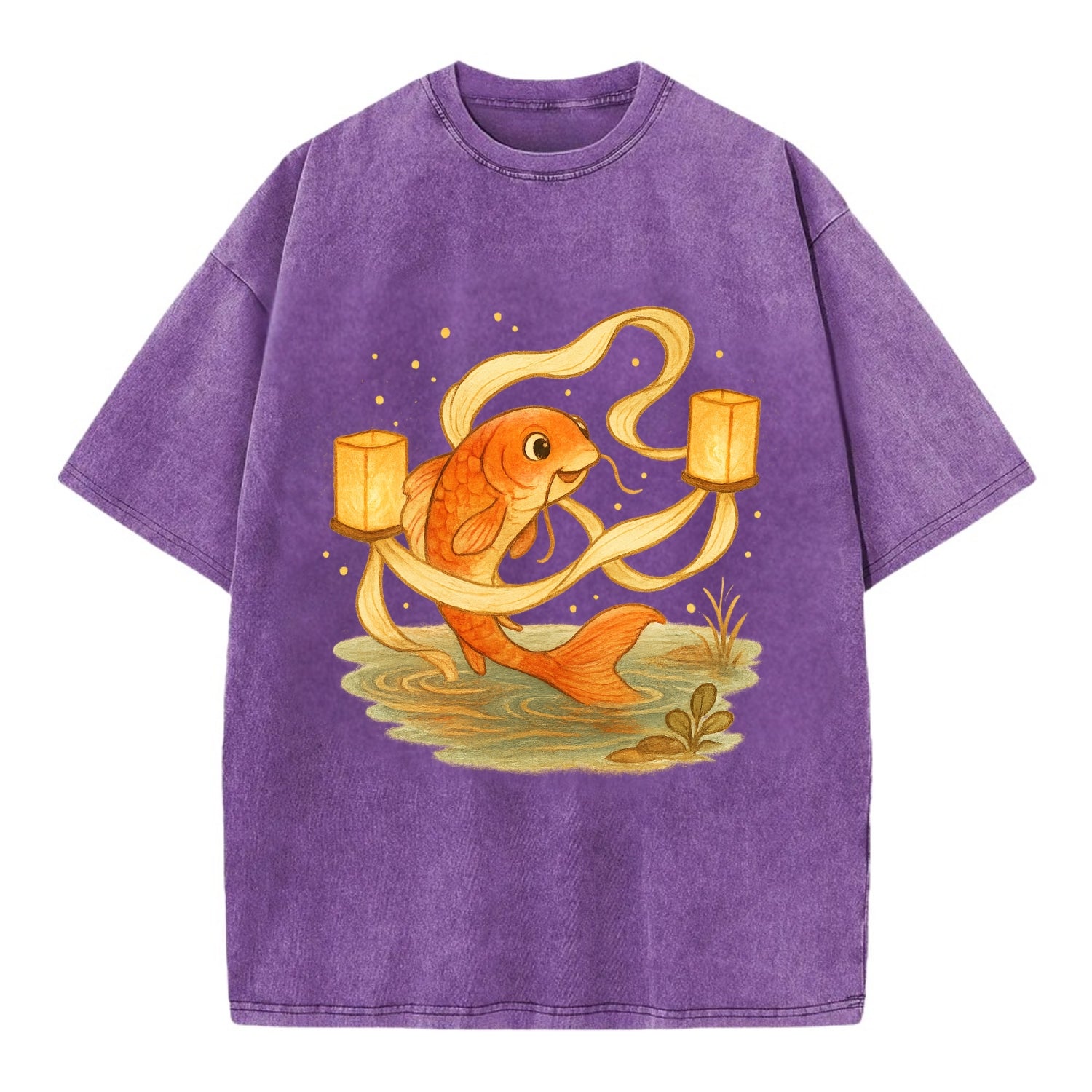 Koi weaving silk streamers through floating lanterns on tranquil water - Vintage T-shirt - Purple