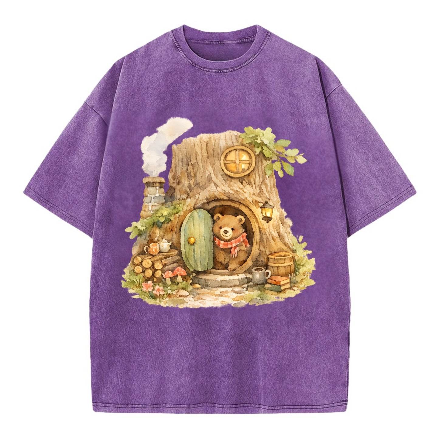 TREE HOME | Bear's home in hollow tree | Round door | Chimney smoke | Woodland - Vintage T-shirt - Purple