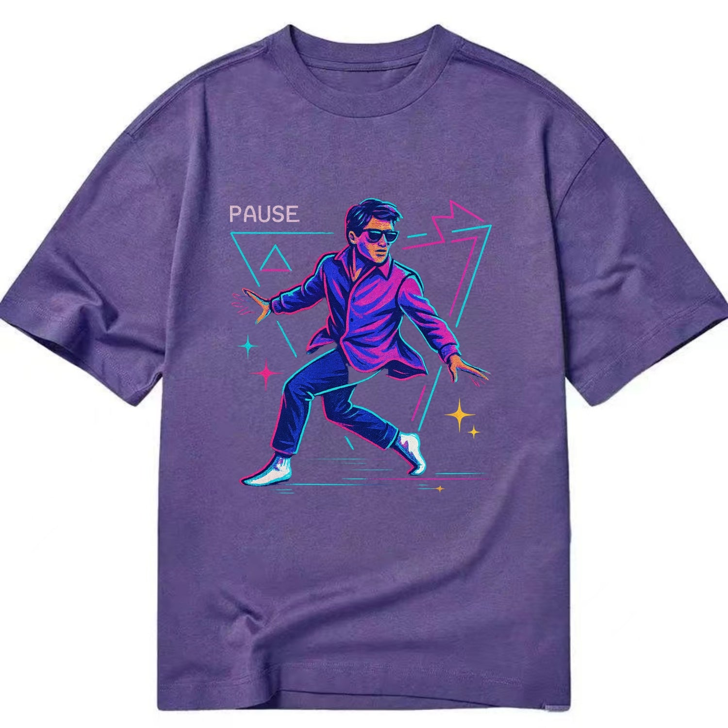confident figure sliding across polished wooden floor in socks and sunglasses - Classic T-shirt - Purple