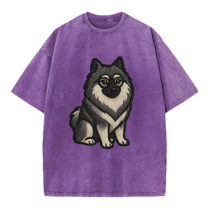Keeshond - Gray and black spectacles embroidered design - Vintage T-shirt - Purple