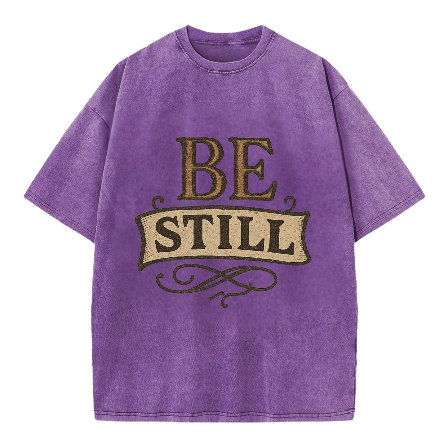 Bold typography design - "BE STILL" - quiet mind, meditation, inner peace - Vintage T-shirt - Purple