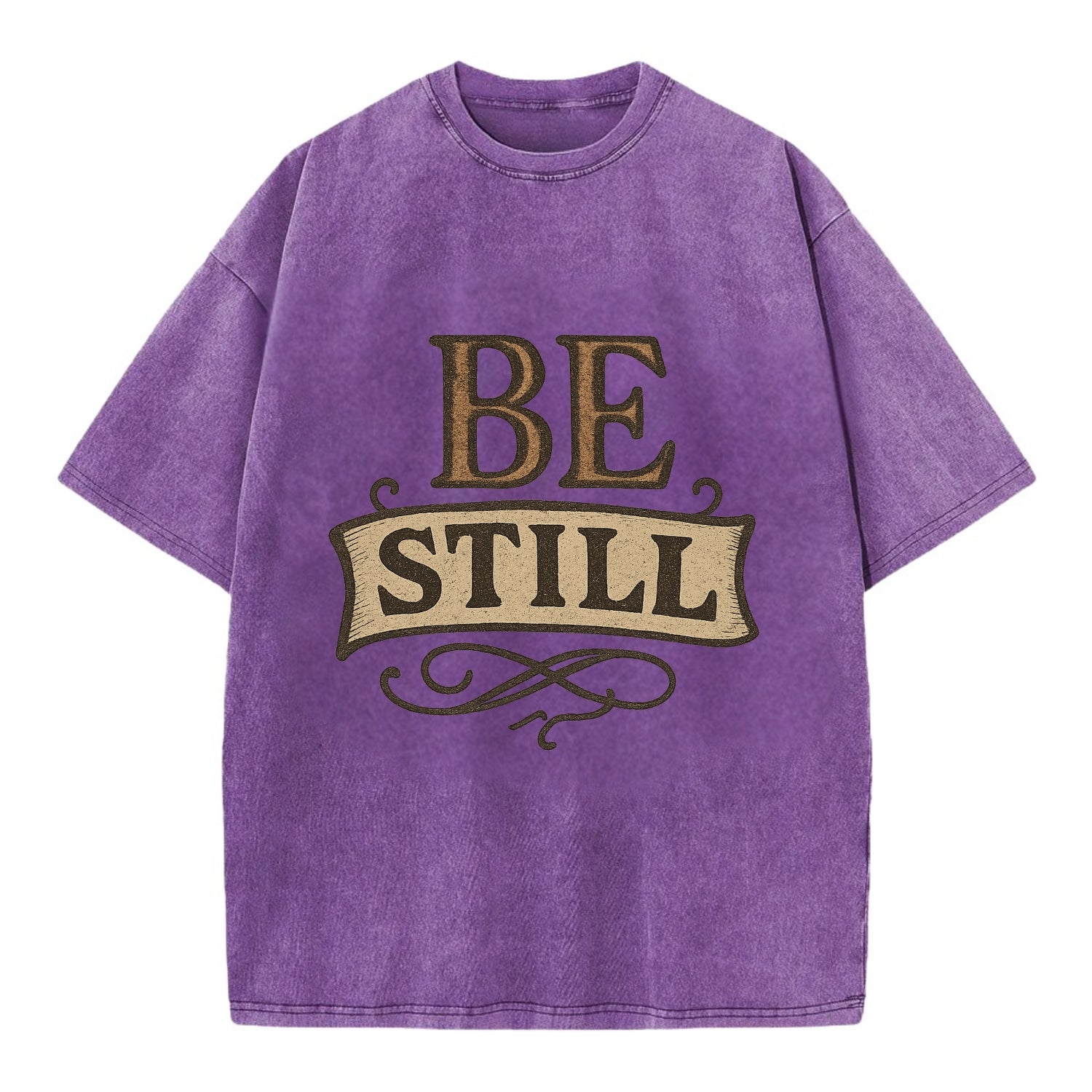 Bold typography design - "BE STILL" - quiet mind, meditation, inner peace - Vintage T-shirt - Purple