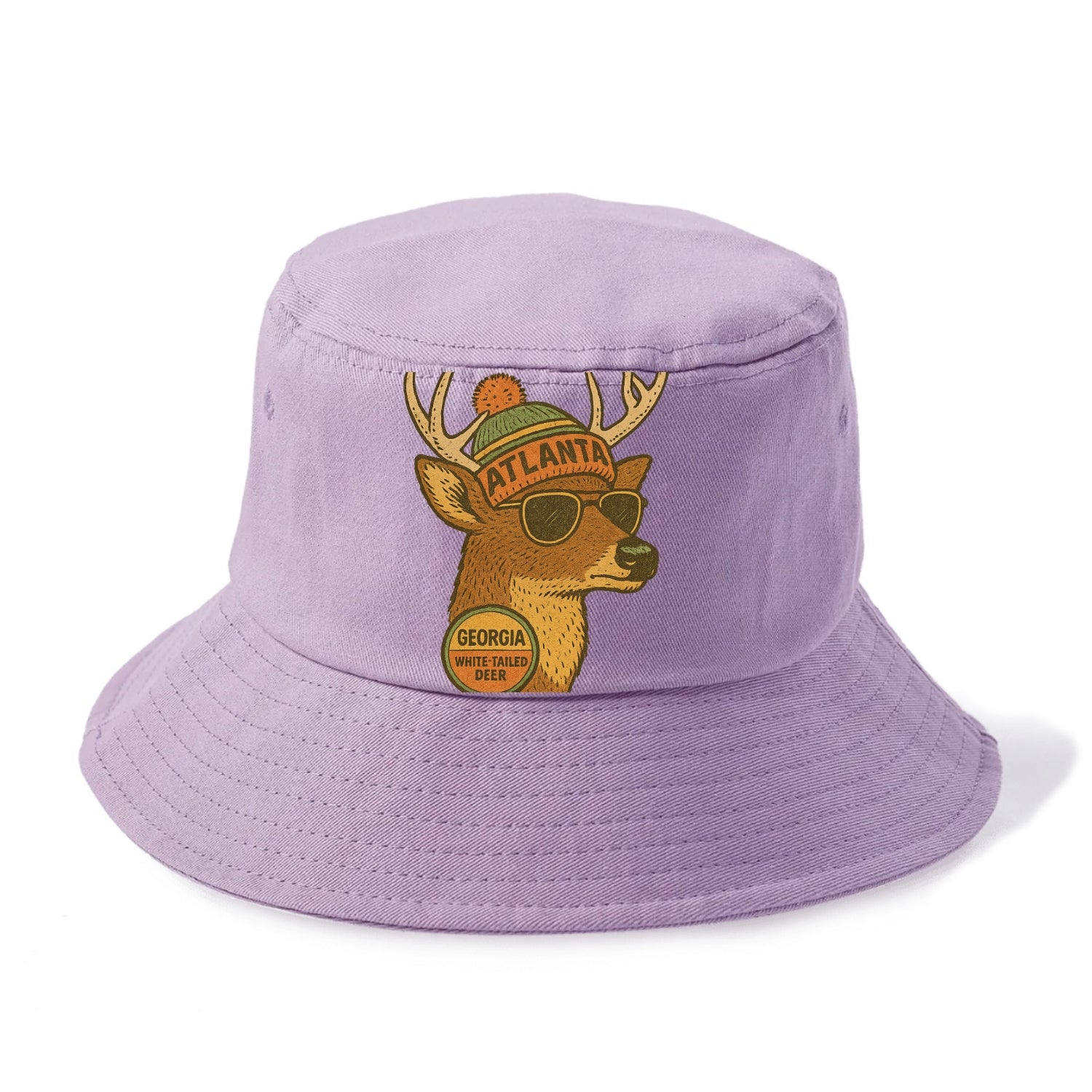 Georgia White-tailed Deer wearing Atlanta beanie with pom pom and wayfarer sunglasses - Bucket Hat - Purple