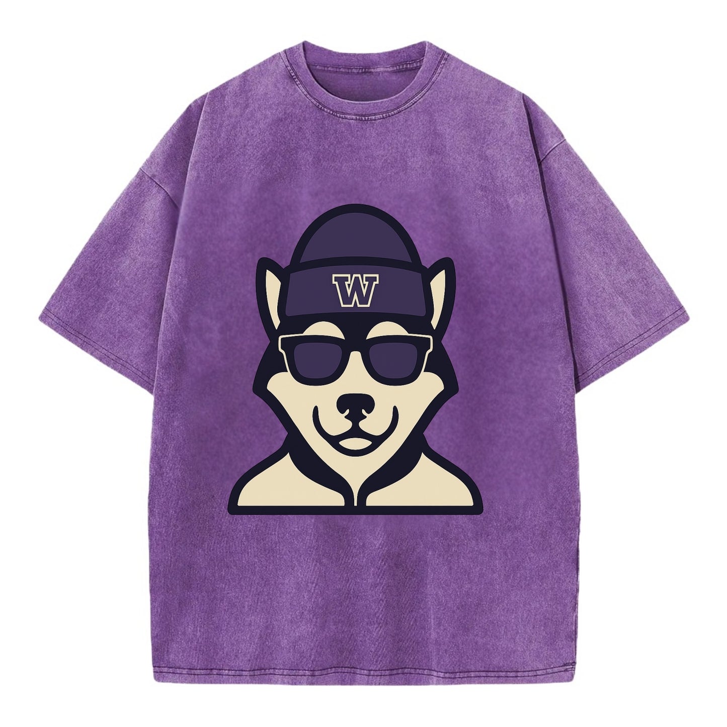 Seattle Husky wearing Washington beanie with W patch - Vintage T-shirt - Purple