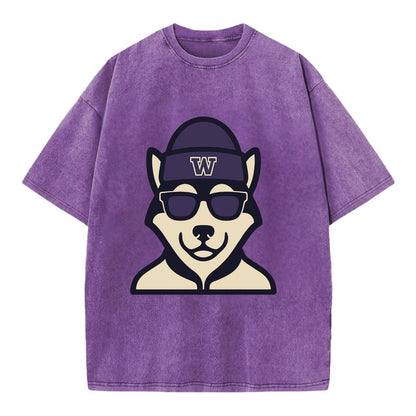Seattle Husky wearing Washington beanie with W patch - Vintage T-shirt - Purple