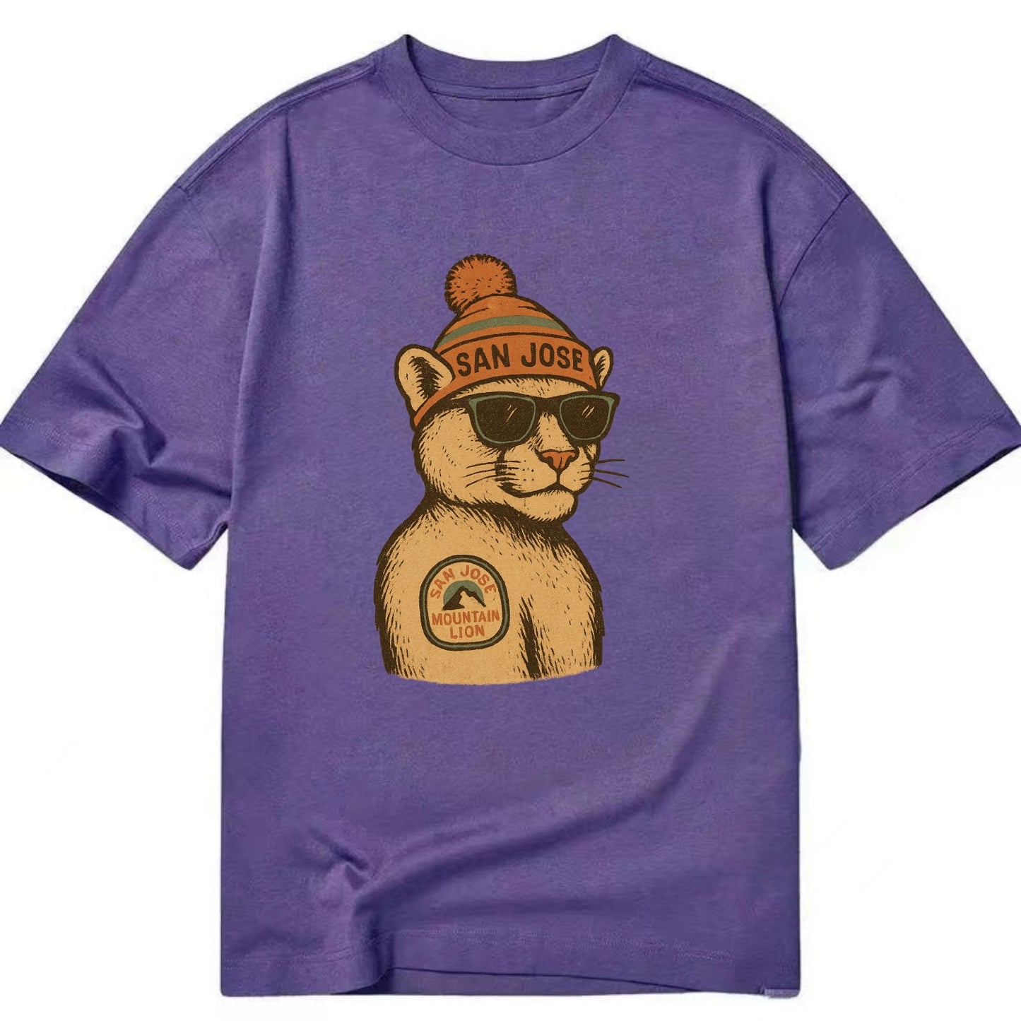 San Jose Mountain Lion wearing San Jose beanie with pom pom and wayfarer - Classic T-shirt - Purple
