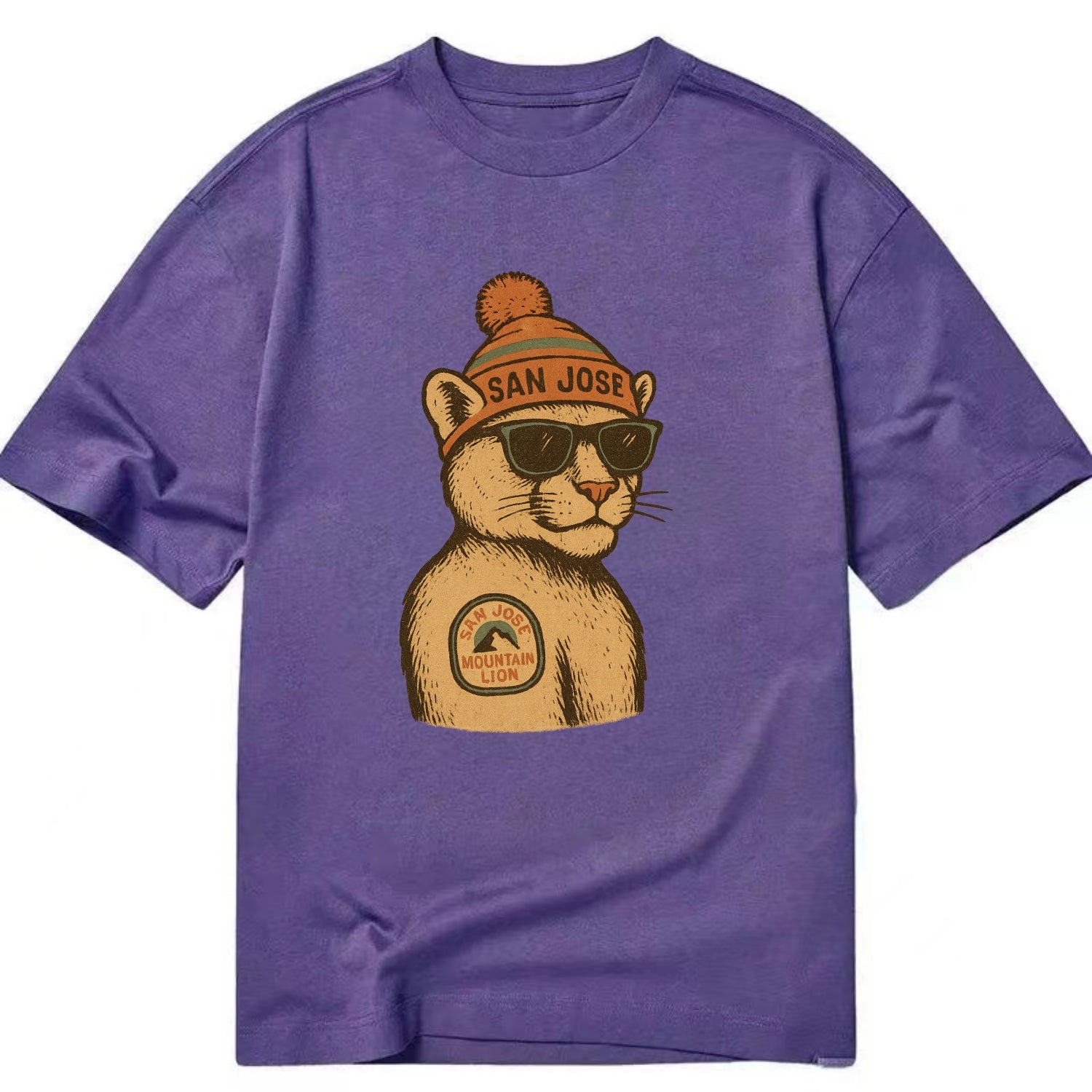 San Jose Mountain Lion wearing San Jose beanie with pom pom and wayfarer - Classic T-shirt - Purple
