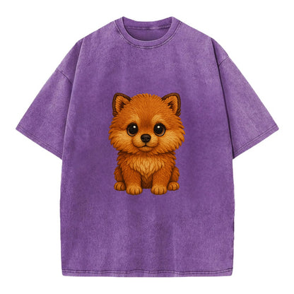 Baby Pomeranian Puppy - fluffy orange ball, fox face, tiny body, bright eyes, - Vintage T-shirt - Purple