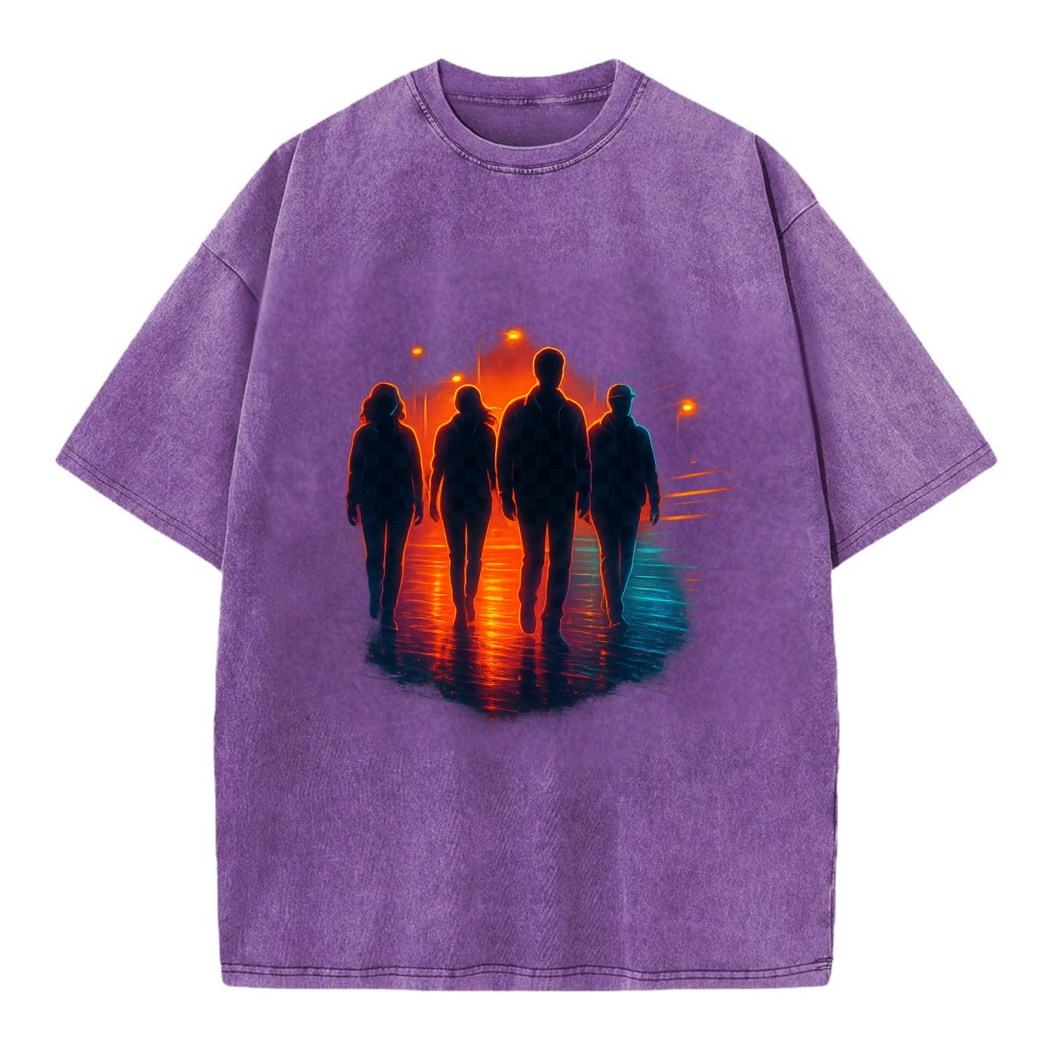 gang of silhouettes walking together at sunset by the beach - Vintage T-shirt - Purple