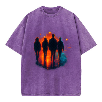 gang of silhouettes walking together at sunset by the beach - Vintage T-shirt - Purple