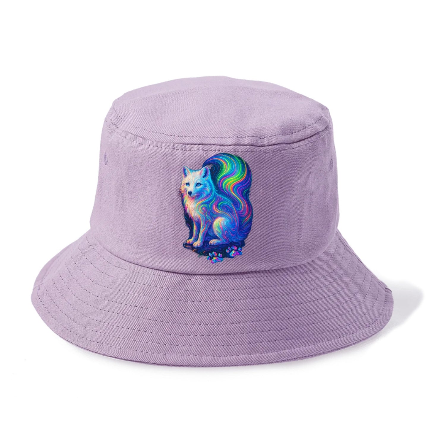Graceful arctic fox with tail streaming aurora colors, white fur with prismatic - Bucket Hat - Purple