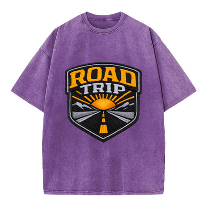 ROAD TRIP - highway and sun in orange and gray , open road - Vintage T-shirt - Purple