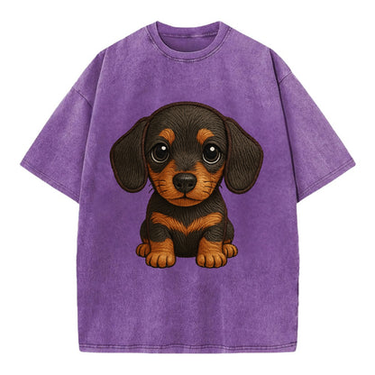 Baby Dachshund Puppy - long body, short legs, floppy ears, curious eyes, - Vintage T-shirt - Purple