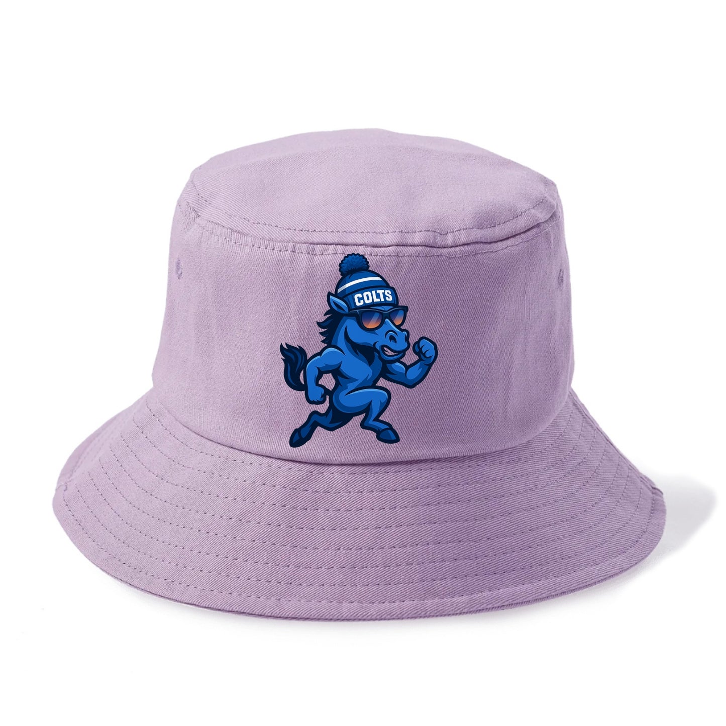 Indianapolis Colt Horse wearing Colts blue and white beanie with pom pom and wayfarer - Bucket Hat - Purple