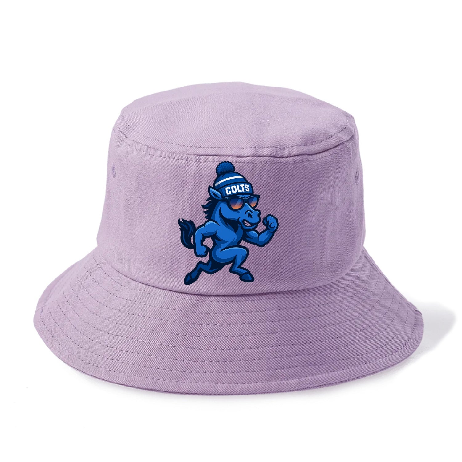 Indianapolis Colt Horse wearing Colts blue and white beanie with pom pom and wayfarer - Bucket Hat - Purple