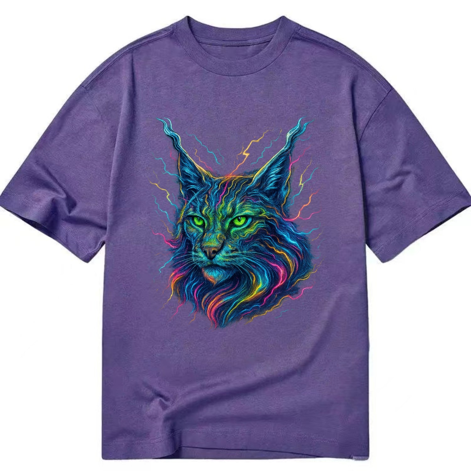 Wild lynx with ear tufts transforming into liquid mercury flows, silver and gold - Classic T-shirt - Purple