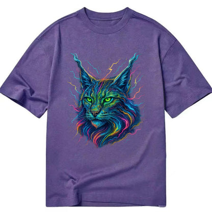 Wild lynx with ear tufts transforming into liquid mercury flows, silver and gold - Classic T-shirt - Purple