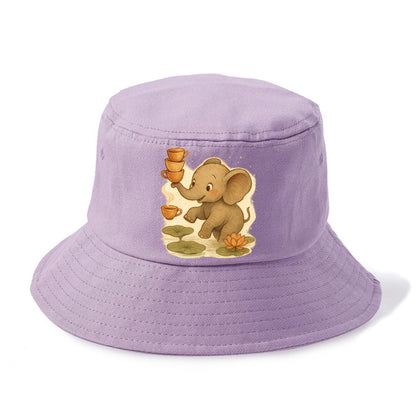 Elephant balancing teacups during a floating tea ceremony beside lotus ponds - Bucket Hat - Purple
