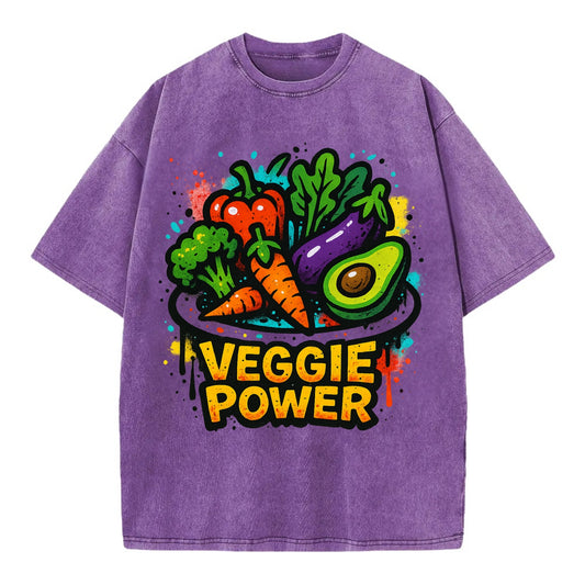 Colorful vegetables and plants on plate - plant-based lifestyle, veggie power - Vintage T-shirt - Purple